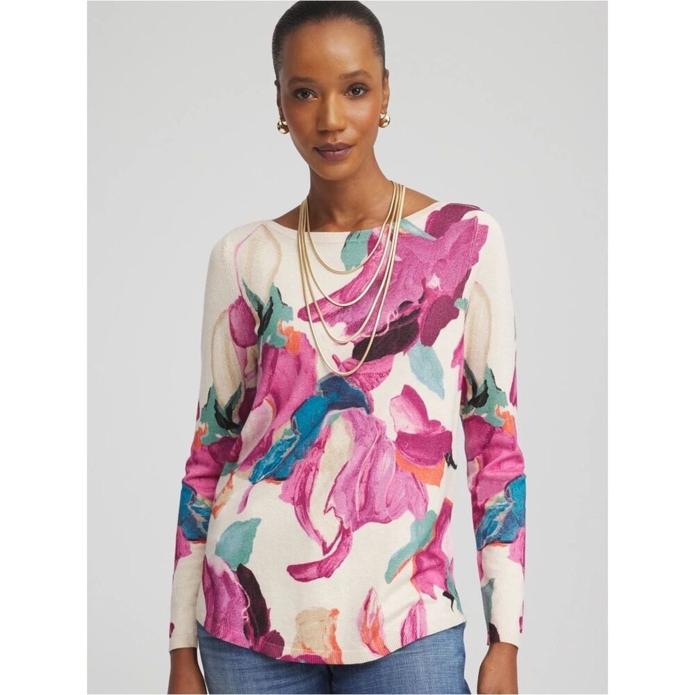 Chicos Ella Boarneck Watercolor Pullover Long Sleeve Sweater Pink Teal L